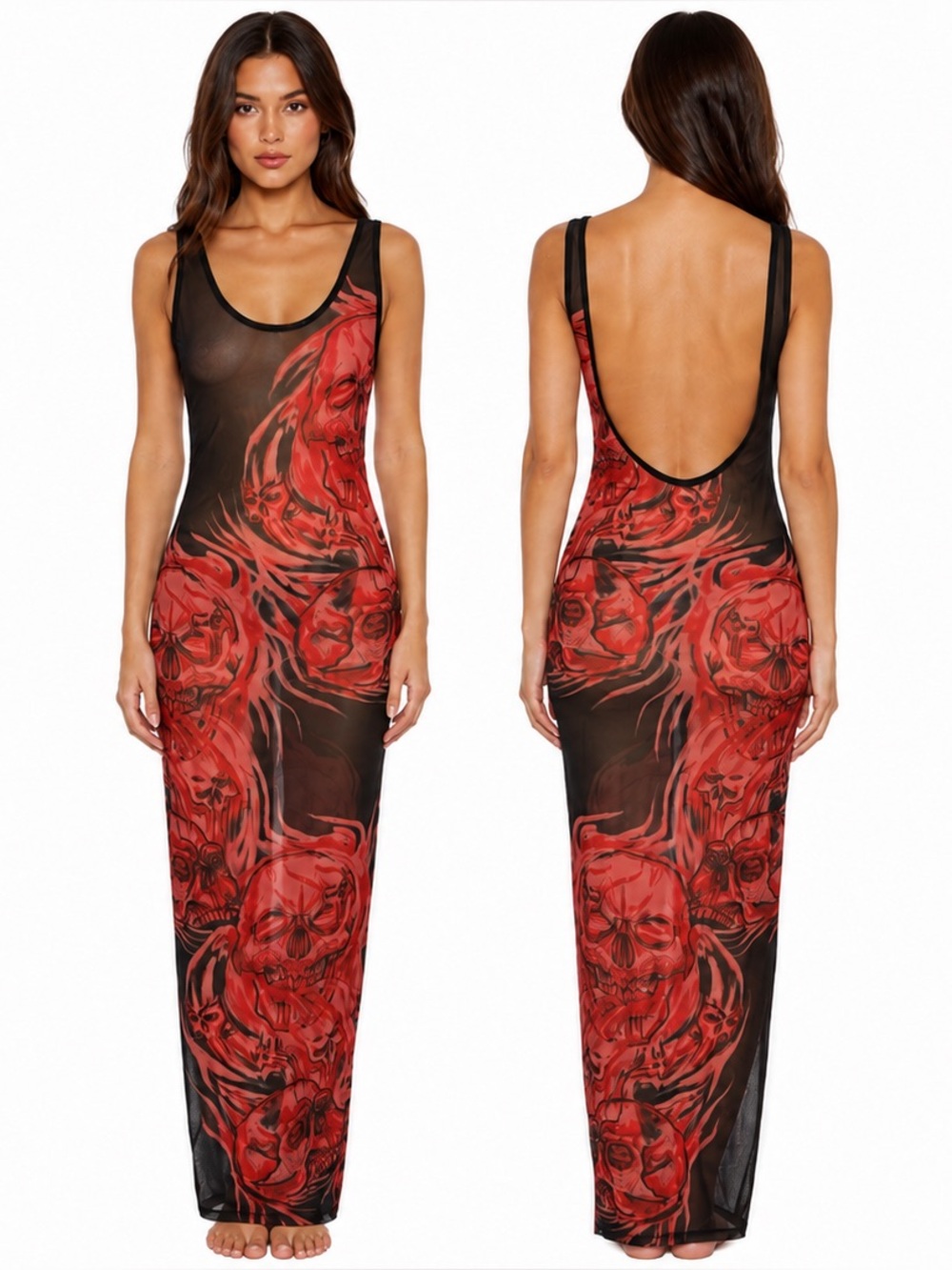 Jaded London Red Skull Graphic Sheer Mesh Maxi Dress US 4